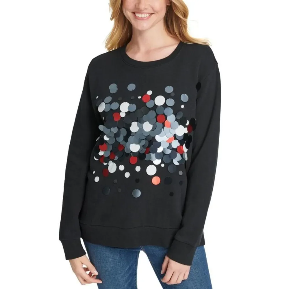 DKNY Womens Black Cotton Paillettes Crewneck Sweatshirt Top NWOT